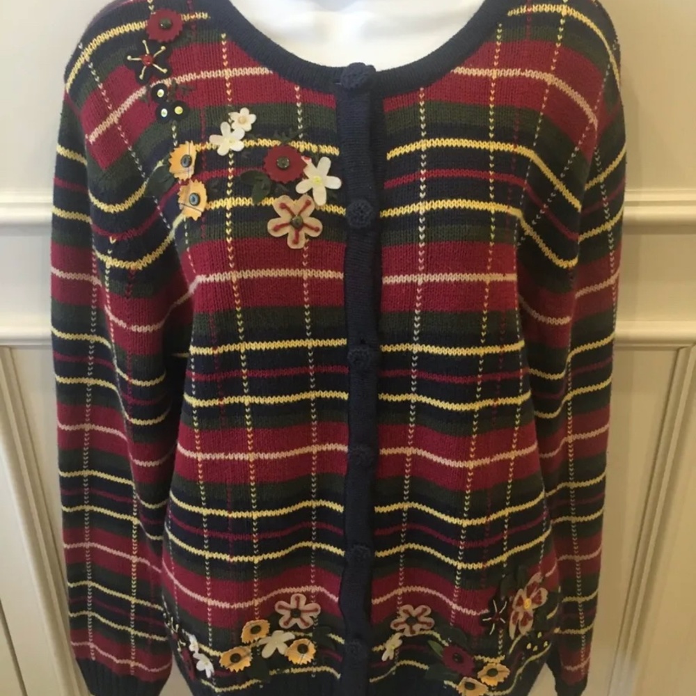 Vintage Multicolor Sweater Button-down Flower Appliqués Large